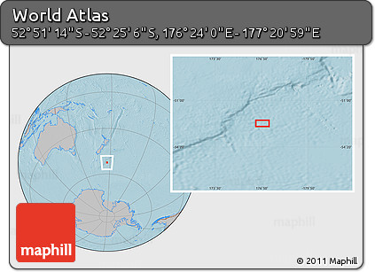 Gray Location Map of the Area around 52° 38' 10" S, 176° 52' 30" E, hill shading