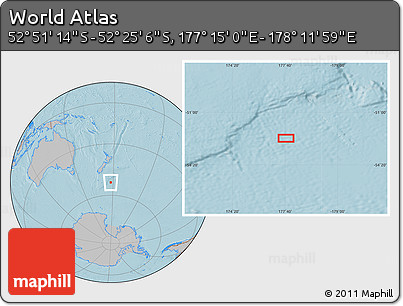 Gray Location Map of the Area around 52° 38' 10" S, 177° 43' 29" E, hill shading