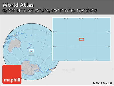 Gray Location Map of the Area around 52° 38' 10" S, 178° 34' 29" E