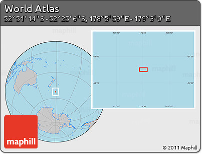Gray Location Map of the Area around 52° 38' 10" S, 178° 34' 29" E