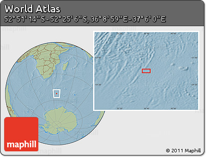 Savanna Style Location Map of the Area around 52° 38' 10" S, 36° 37' 30" E, hill shading