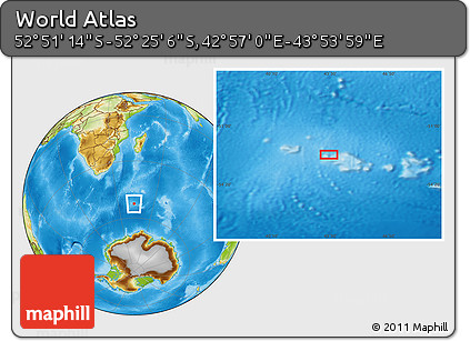 Physical Location Map of the Area around 52° 38' 10" S, 43° 25' 29" E