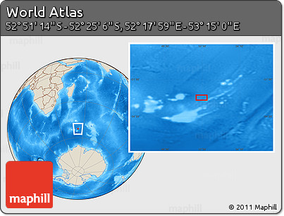 Shaded Relief Location Map of the Area around 52° 38' 10" S, 52° 46' 29" E