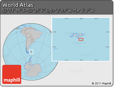Gray Location Map of the Area around 52° 38' 10" S, 58° 34' 30" W
