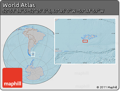 Gray Location Map of the Area around 52° 38' 10" S, 60° 16' 29" W, hill shading