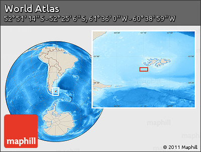 Shaded Relief Location Map of the Area around 52° 38' 10" S, 61° 7' 30" W