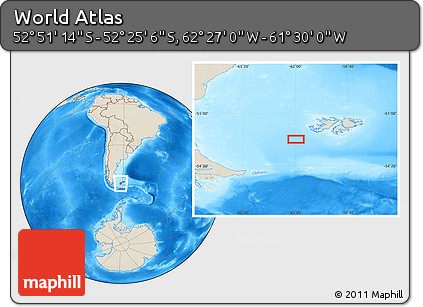Shaded Relief Location Map of the Area around 52° 38' 10" S, 61° 58' 30" W