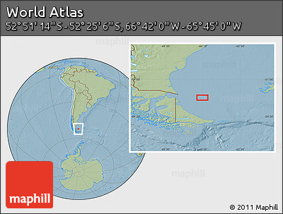 Savanna Style Location Map of the Area around 52° 38' 10" S, 66° 13' 29" W, hill shading