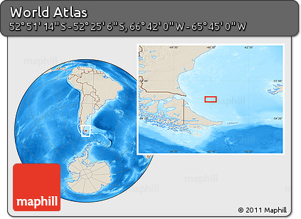 Shaded Relief Location Map of the Area around 52° 38' 10" S, 66° 13' 29" W