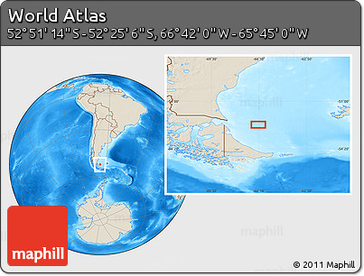 Shaded Relief Location Map of the Area around 52° 38' 10" S, 66° 13' 29" W