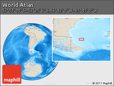Shaded Relief Location Map of the Area around 52° 38' 10" S, 66° 13' 29" W