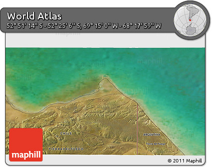 Satellite 3D Map of the Area around 52° 38' 10" S, 68° 46' 30" W