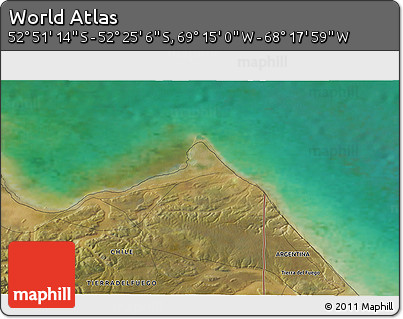 Satellite 3D Map of the Area around 52° 38' 10" S, 68° 46' 30" W