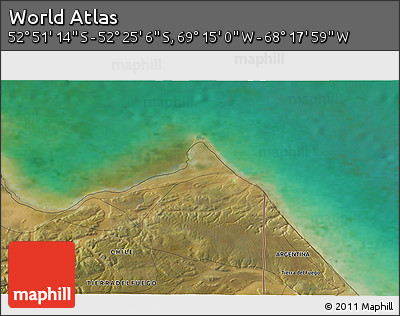 Satellite 3D Map of the Area around 52° 38' 10" S, 68° 46' 30" W