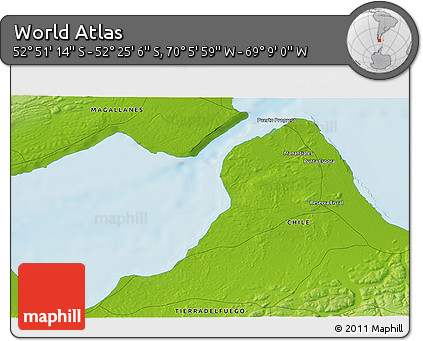 Physical 3D Map of the Area around 52° 38' 10" S, 69° 37' 30" W