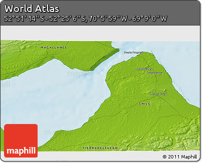 Physical 3D Map of the Area around 52° 38' 10" S, 69° 37' 30" W