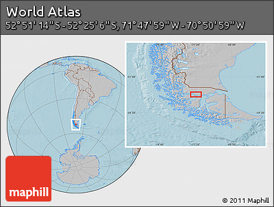 Gray Location Map of the Area around 52° 38' 10" S, 71° 19' 29" W, hill shading