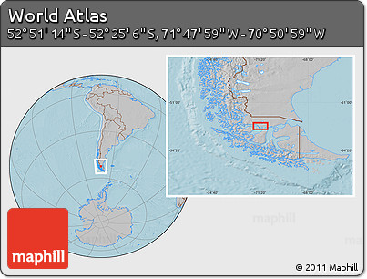 Gray Location Map of the Area around 52° 38' 10" S, 71° 19' 29" W, hill shading