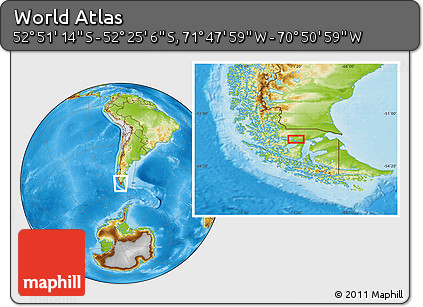 Physical Location Map of the Area around 52° 38' 10" S, 71° 19' 29" W