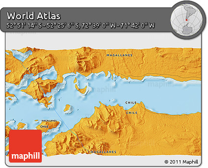 Political 3D Map of the Area around 52° 38' 10" S, 72° 10' 30" W