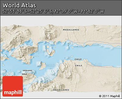 Shaded Relief 3D Map of the Area around 52° 38' 10" S, 72° 10' 30" W