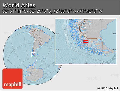 Gray Location Map of the Area around 52° 38' 10" S, 72° 10' 30" W, hill shading