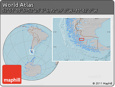 Gray Location Map of the Area around 52° 38' 10" S, 72° 10' 30" W, hill shading