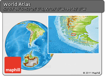 Physical Location Map of the Area around 52° 38' 10" S, 72° 10' 30" W