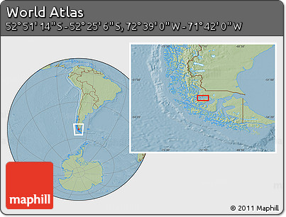 Savanna Style Location Map of the Area around 52° 38' 10" S, 72° 10' 30" W, hill shading