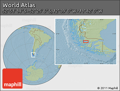 Savanna Style Location Map of the Area around 52° 38' 10" S, 72° 10' 30" W, hill shading