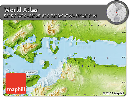 Physical Map of the Area around 52° 38' 10" S, 72° 10' 30" W