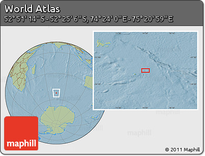 Savanna Style Location Map of the Area around 52° 38' 10" S, 74° 52' 30" E, hill shading