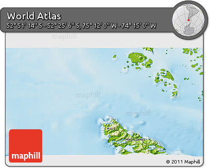 Physical 3D Map of the Area around 52° 38' 10" S, 74° 43' 29" W