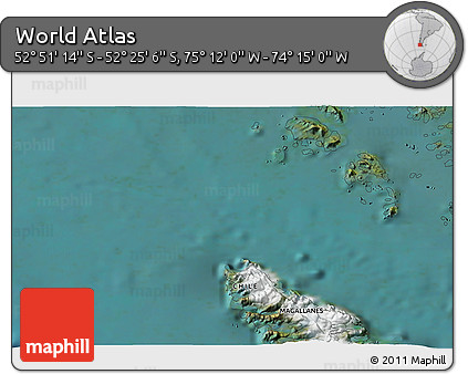 Satellite 3D Map of the Area around 52° 38' 10" S, 74° 43' 29" W