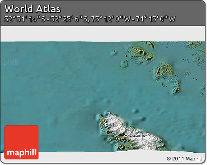 Satellite 3D Map of the Area around 52° 38' 10" S, 74° 43' 29" W