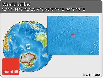 Physical Location Map of the Area around 52° 38' 10" S, 93° 34' 29" E
