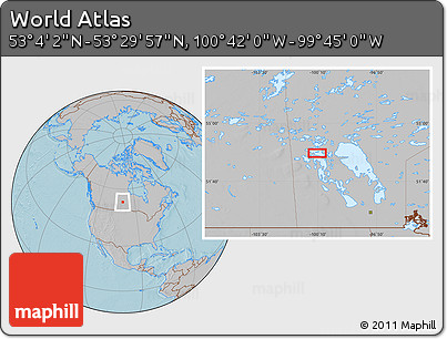 Gray Location Map of the Area around 53° 17' 0" N, 100° 13' 29" W, hill shading