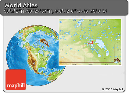 Physical Location Map of the Area around 53° 17' 0" N, 100° 13' 29" W