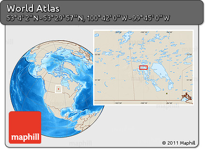 Shaded Relief Location Map of the Area around 53° 17' 0" N, 100° 13' 29" W