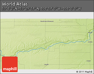 Physical 3D Map of the Area around 53° 17' 0" N, 104° 28' 29" W