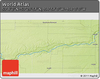 Physical 3D Map of the Area around 53° 17' 0" N, 104° 28' 29" W