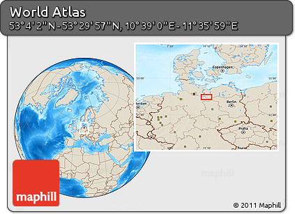 Shaded Relief Location Map of the Area around 53° 17' 0" N, 11° 7' 30" E