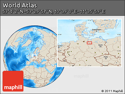 Shaded Relief Location Map of the Area around 53° 17' 0" N, 11° 7' 30" E