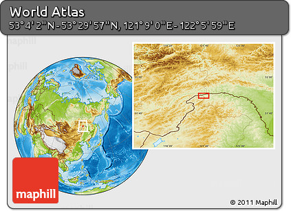 Physical Location Map of the Area around 53° 17' 0" N, 121° 37' 30" E