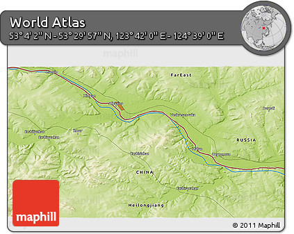 Physical 3D Map of the Area around 53° 17' 0" N, 124° 10' 30" E