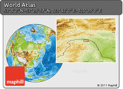 Physical Location Map of the Area around 53° 17' 0" N, 124° 10' 30" E