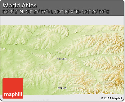 Physical 3D Map of the Area around 53° 17' 0" N, 130° 58' 29" E