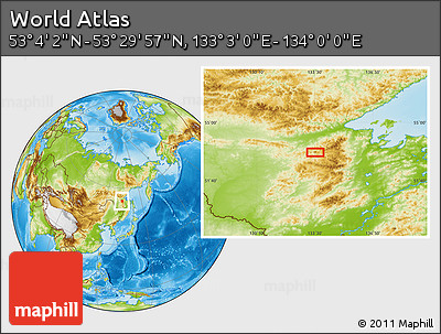 Physical Location Map of the Area around 53° 17' 0" N, 133° 31' 30" E