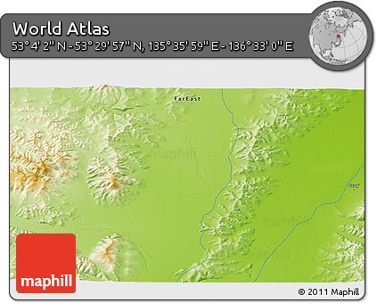 Physical 3D Map of the Area around 53° 17' 0" N, 136° 4' 29" E