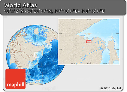 Shaded Relief Location Map of the Area around 53° 17' 0" N, 137° 46' 30" E